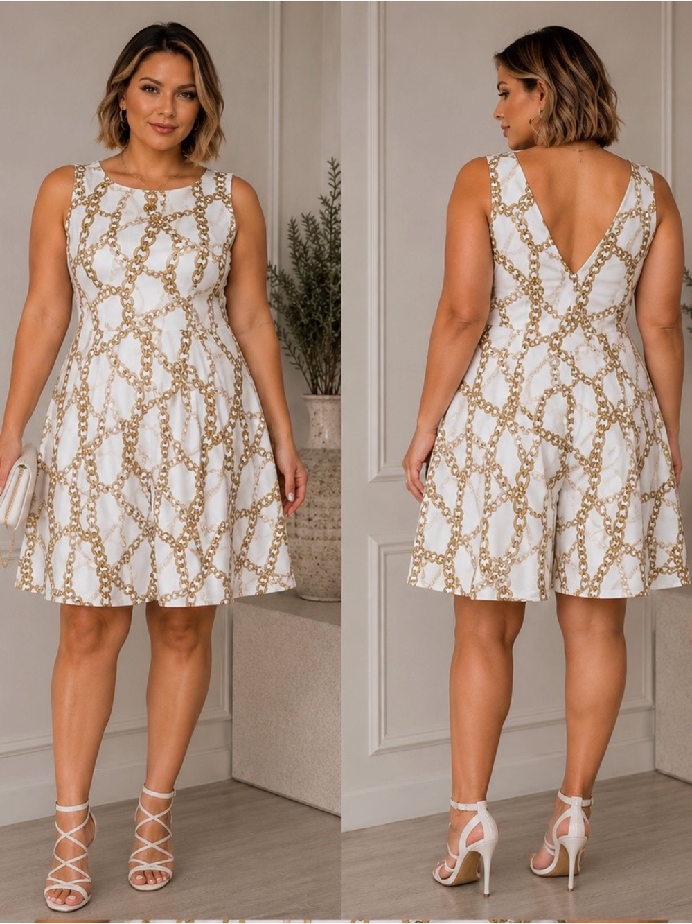 Jennifer Lopez White Dress with Gold Chain Print
